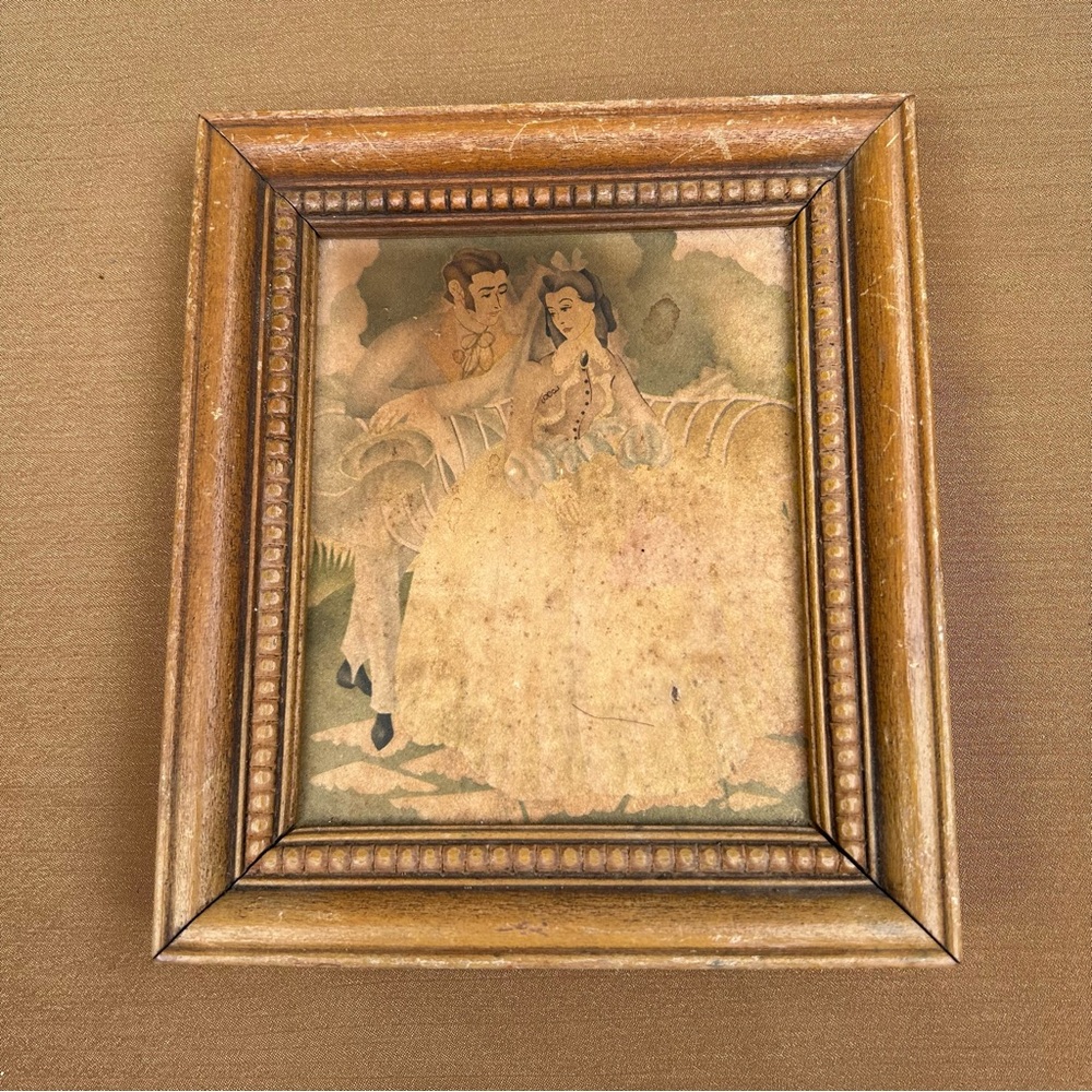 Antique Vintage Victorian-style Print Courting Couple Wood Frame 7x6"